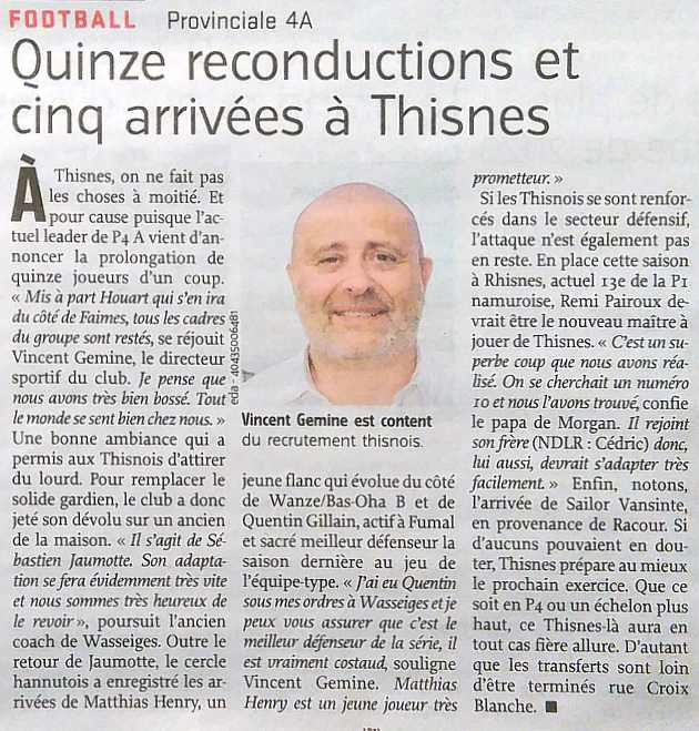 Quinze reconductions et 5 arrivées à Thisnes